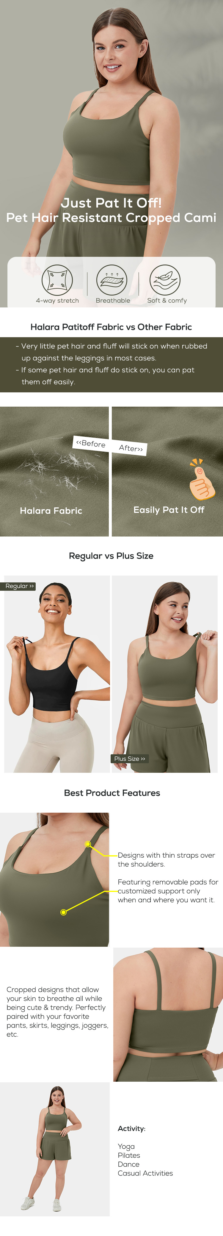 Women's Patitoff™ Pet Hair Resistant Cropped Plus Size Yoga Cami HALARA