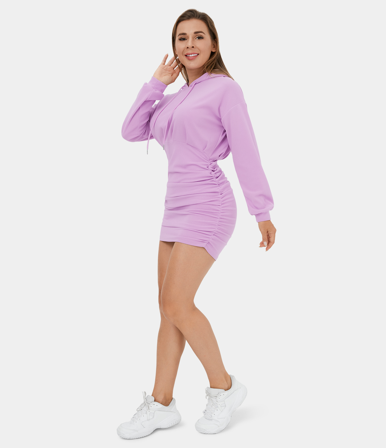 Women's Hooded Drawstring Ruched Bodycon Mini Casual Dress - HALARA ...