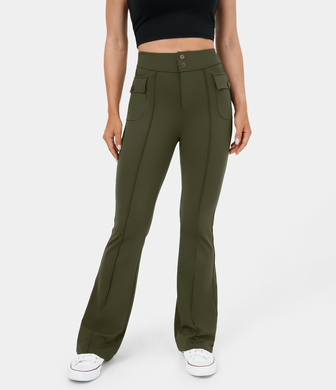 Women's High Waisted Button Side Flap Pocket Flare Casual Cargo Pants