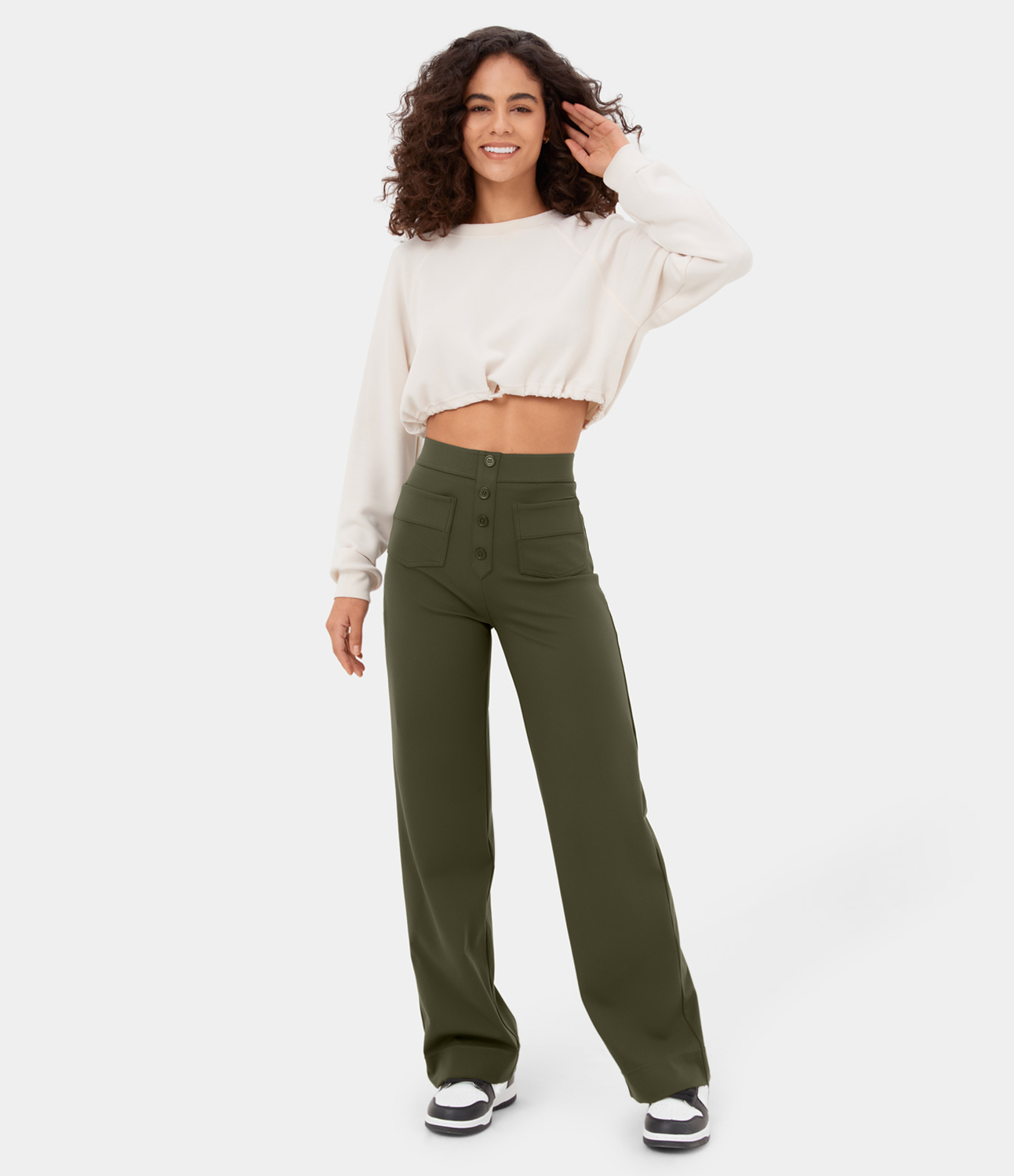 Women's High Waisted Button Multiple Pockets Straight Leg Casual Pants